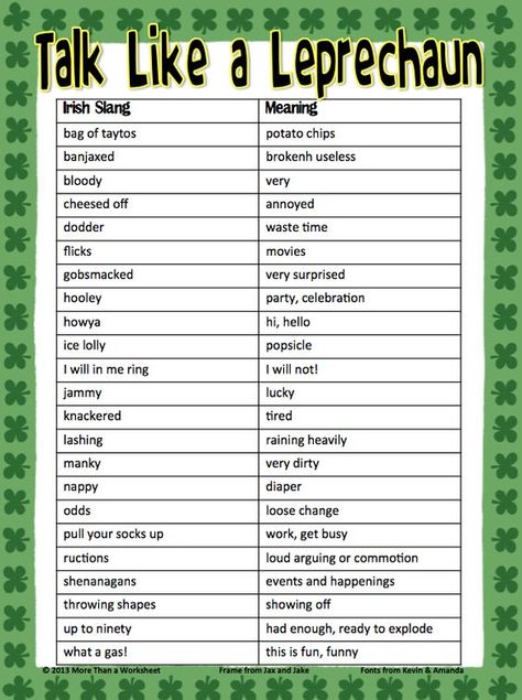 Irish Slang, Irish Sayings, Irish Blessings, Fun List, March Activities, St Patricks Day Crafts For Kids, St Patrick Day Activities, Irish Quotes, A Worksheet