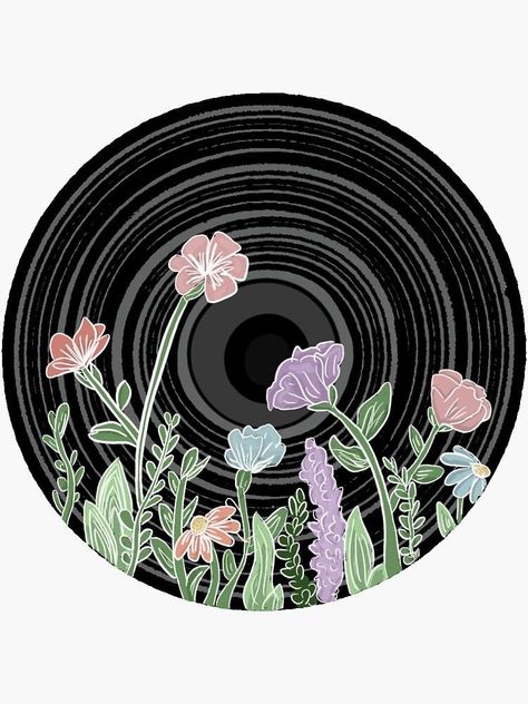 Painted Records Flowers, Records Drawing, Painted Vinyl Records Aesthetic, Vinyl Painting Ideas, Painted Records Vinyl, Record Sticker, Record Painting Ideas, Vinyl Record Painting, Vinyl Record Art Ideas