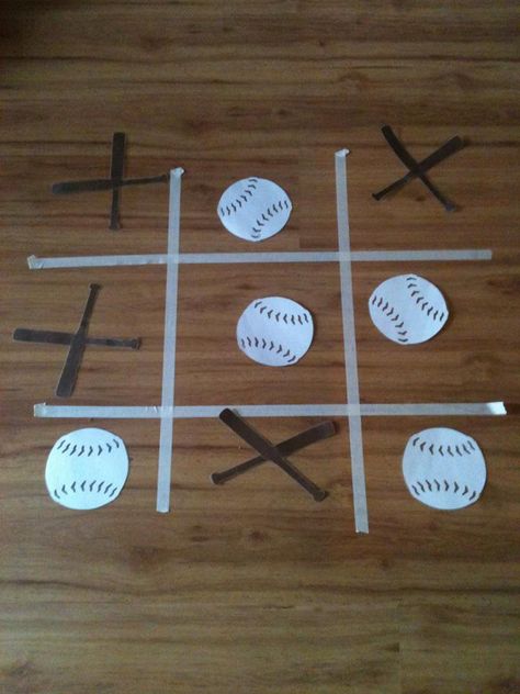 Baseball Tic-Tac-Toe game for Baseball Party.  Use masking tape for grid lines.  X's are bats crossed and of course the O's are baseballs! Baseball Theme Preschool Activities, Pre K Sports Activities, Preschool Exercise Activities Art, Adaptive Sports Activities, Basketball Themed Activities, Sport Themed Activities For Preschool, Baseball Activities Elementary, Sports Theme Art Projects For Kids, Preschool Baseball Crafts