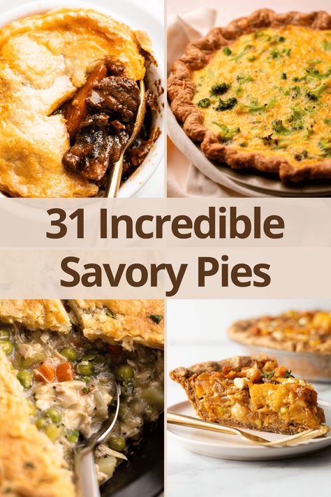 A list of 24 unique and amazing Savory Pie Recipes perfect for any meal from breakfast to appetizers and everything in between. Tart Pan Recipes Savory, What To Do With Pie Crust Dinners, Thanksgiving Tart Savory, Savoury Pie Filling Recipes, Pastry For Quiche, Savory Dinner Pie, Individual Savory Pies, Savoury Pie Crust Recipe, Amazing Pies Recipes