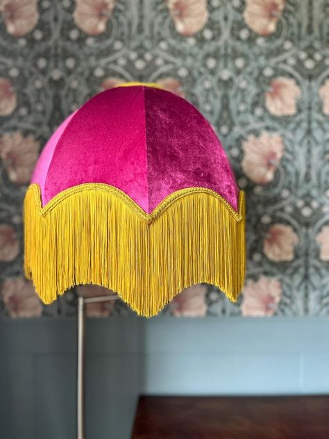 Add Fringe To Lampshade, Diy Fringe Lamp, Lampshade With Fringe, Fringe Floor Lamp, Diy Fringe Lampshade, Lampshade Crafts, Fringe Lamps, Fringed Lampshade, Fringe Lampshade