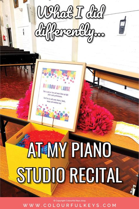 Get inspiration for your next recital and ideas for what you can do differently #pianoteacher #musiced #musicteacher #colourfulkeys #vibrantmusicteaching #pianorecital #pianostudentconcert Piano Recital Decorations, Piano Recital Reception Food, Piano Gifts For Students, Piano Incentive Programs, Piano Recital Program Template Free, Piano Recital Certificate Free Printable, Piano Recital Program, Piano Recital Gifts, Rainbow Piano