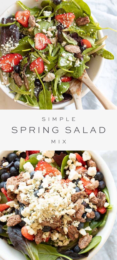 This spring salad mix is the perfect summer salad to take with you to picnics and pot lucks. Full of vibrant fruits, pecans and cheese, you can prep the salad at home and whip up some vinaigrette and have a fresh, easy-to-transport salad. #spring #salad #recipe #springsalad #summersalad #sidedish #potluck #julieblanner #easter #mothersday #4thofjuly Salad Mix Recipes, Spring Mix Salad Recipes, Easter Salad Recipes, Mother's Day Brunch Menu, Salad Spring, Salad At Home, Easter Salad, Mix Salad, Holiday Dinner Recipes