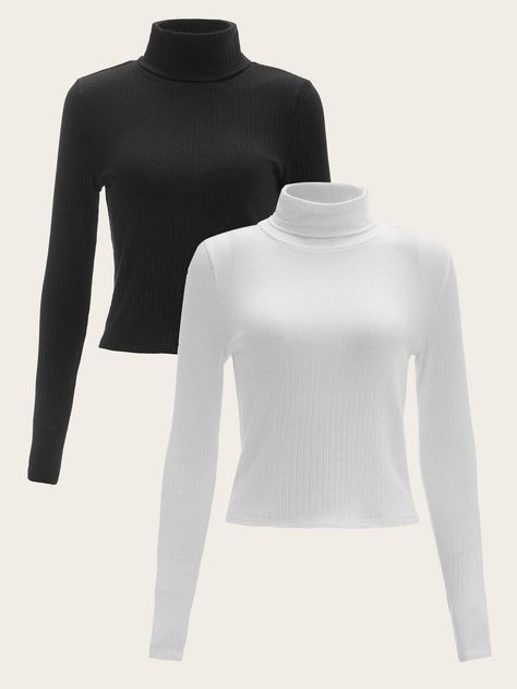 SHEIN EZwear 2pcs High Neck Rib Knit TeeI discovered amazing products on SHEIN.com, come check them out! Denim Top Women, Jumper Outfit, Turtleneck T Shirt, Turtleneck Shirt, White Turtleneck, Denim Skirt Women, Long Sleeve Tops Casual, Women T Shirts, Basic Outfits