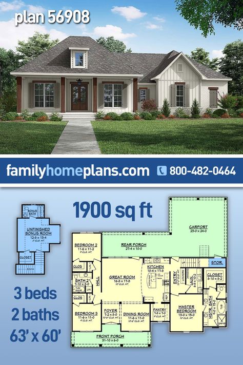 Acadian, Country, European, French Country, Southern Style House Plan 56908 with 1900 Sq Ft, 3 Bed, 2 Bath, 2 Car Garage Ada House Plans Open Floor, 1500 Sf House Plans, 1800 Sq Ft House Plans, Acadian Style Homes, Acadian Homes, Acadian House Plans, Southern Style House, House Plans Ideas, Southern Style House Plans