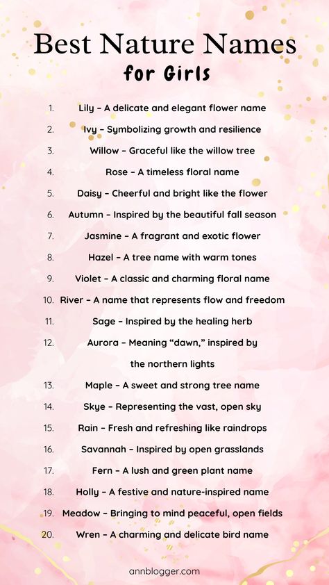 Looking for the best nature girl names? 🌿✨ From floral and celestial to earthy and water-inspired, explore 200+ stunning nature names for girls that are timeless, unique, and aesthetic! Find the perfect baby name that connects to the beauty of the natural world. 🌸🌎

#NatureGirlNames #BabyNames #UniqueNames #FloralNames #EarthyNames #AestheticNames #NatureInspired #BabyNameIdeas #GirlNames #TimelessNames Aurora Meaning, Nature Names For Girls, Nature Girl Names, Nature Names, Names For Girls, Stunning Nature, Open Sky, Best Nature, Flower Names