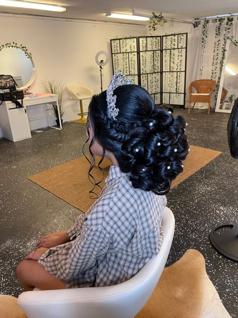 Quince Braid Hairstyles, 15 Hair Quinceanera Bun, Quince Hair With Flowers, Quinceanera Hairstyles For Long Hair With Crown, Straight Quinceanera Hairstyles, Quinceanera Hairstyles Ponytail, Quinceanera Hairstyles With Crown Updo, Low Bun Quince Hairstyles, Quincenera Hair Styles