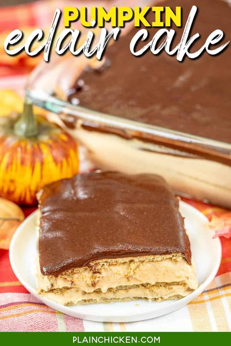 Pumpkin Eclair Cake - Plain Chicken Eclair Cake Recipe, No Bake Eclair Cake, Eclair Cake Recipes, Southern Pound Cake, Pumpkin Crunch Cake, Pumpkin Filling, Pumpkin Crunch, Lemon Pound Cake Recipe, Eclair Cake