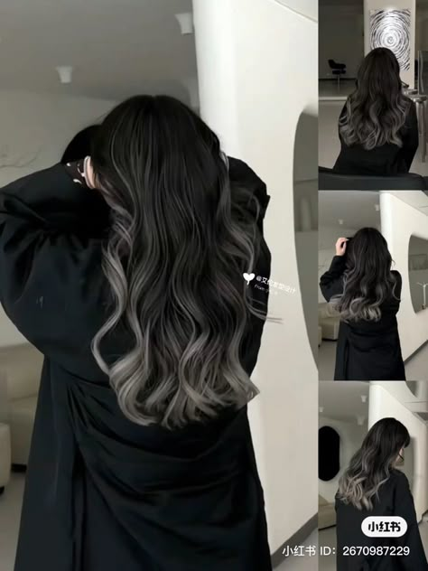 Hair Dyes Idea, Dye Black Hair Ideas, Black Hair Dye Inspiration, Black Hair With Silver Ends, Black And Blonde Hair Balayage, Hair Color With Black Hair, Black Hair With Frosted Tips, Silver Ends Hair, Black Hair Ash Highlights