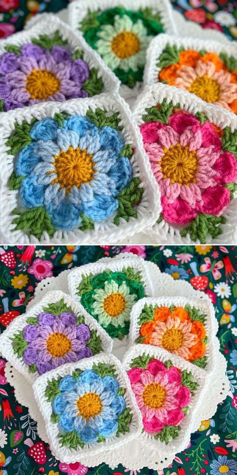 35 Beautiful Flower Crochet Squares Patterns Use in Spring 2024 Crochet Flower Color Combinations, Square Motif Crochet Pattern Free, Wildflower Granny Square, Granny Square Flowers Patterns, Granny Flower Crochet, Floral Granny Squares Free Pattern, Crochet Blocks Free Pattern Squares, Crochet Flower Squares Pattern Free, Free Crochet Afghans