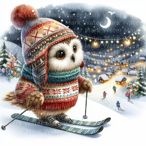 *Welcome to our store! *We offer a rich set of Christmas cliparts - Owl on skis. Our watercolor Christmas clipart is perfect for use in digital paper crafts, Christmas card making and other creative projects. Get inspired by our cute cliparts and create an unforgettable Christmas! *This download contains 13 individual clipart images. *Characteristic: These high quality clipart images are in a watercolor style. We offer them as JPG files with a white background at a resolution of 4096x4096 pixels Decorating Mugs, Animal Art Projects, Chic Tattoo, Beautiful Tattoos For Women, Owl Illustration, Craft Card, Personalized Greeting Cards, Acrylic Gems, Chicken Art