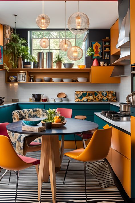 Colourful Kitchen Diner, Multi Coloured Kitchen, Funky Dining Room, Funky Interior Design, Estilo Kitsch, Deco Orange, Colourful Kitchen, Curated Home, Kitchen Nook