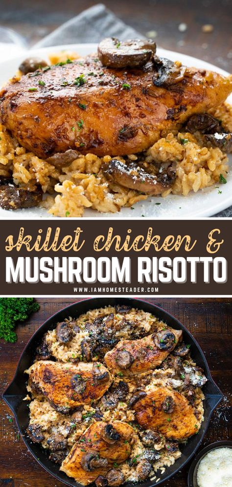 Chicken Thigh Risotto Recipes, Chicken Mushroom Risotto Recipes, Mushroom Risotto With Chicken, Skillet Chicken And Mushrooms, Mushroom Chicken Risotto, Chicken And Mushroom Rice, Chicken Mushroom Risotto, Chicken And Mushroom Risotto, Travel Meals