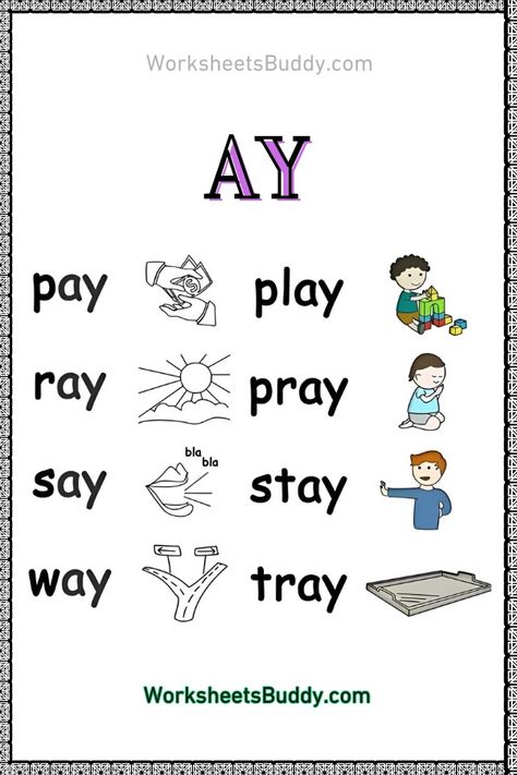 AY Word Family Worksheets PDF | Free Printable -ay Word Family List Ay Words Worksheet, Ay Word Family, Ay Words, Letter W Activities, Oo Words, Word Family List, Counting Worksheets For Kindergarten, Free Kindergarten Printables, Family Worksheets