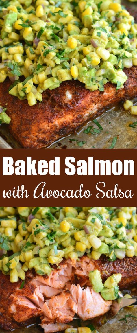 Baked salmon with so much flavor from the generous chili lime seasoning coat and it’s paired perfectly with avocado salsa. #salmon #avocado #bakedsalmon #easydinner #30minute #salsa #healthy #lowcarb Baked Salmon With Avocado Salsa, Baked Salmon With Avocado And Feta, Salmon Avocado Salsa, Salsa Salmon, Chilis Copycat Ancho Salmon, Salmon Recipes With Avocado, Avocado Lime Salmon, What To Season Salmon With, Salsa For Salmon