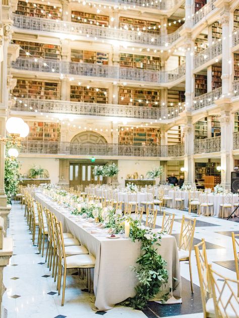 A Romantic Wedding at Baltimore's George Peabody Library Getting Married In A Library, Maryland Library Wedding, Ballroom Wedding Flowers, Wedding In Library, George Peabody Library Wedding, Peabody Library Wedding, Library Wedding Aesthetic, Library Weddings, Romantic Wedding Table