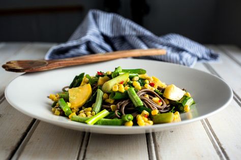 Stir-Fried Baby Squash, Long Beans, Corn and Chiles With Soba Noodles - NYTimes.com Vegetarian Recipes For Thanksgiving, Baby Squash, Soba Noodles Recipe, Vegetarian Thanksgiving Recipes, Long Beans, Recipes For Thanksgiving, Bean Pasta, Long Bean, Vegetarian Thanksgiving