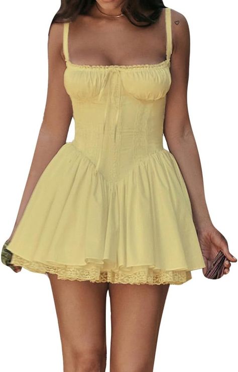 SHOP: Elegant, sexy sleeveless, backless low-cut lace ruffle mini corset dress, style ideas, casual summer outfits, autumn fashion Yellow Hoco Dress, Dress Style Ideas, Mini Corset Dress, Yellow Corset, Yellow Sundress, Boho Mini Dress, Corset Mini Dress, Mini Sundress, Short Lace Dress