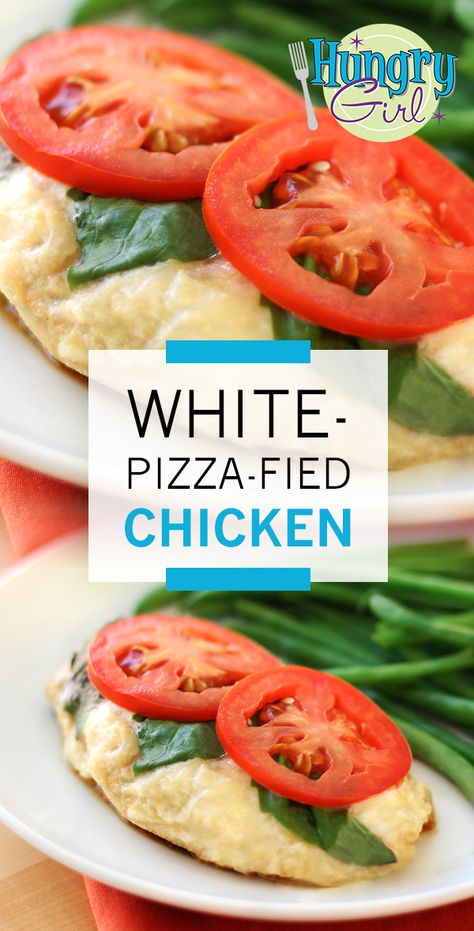 15-Minute White-Pizza Chicken Recipe | Hungry Girl Colorado Recipes, Healthy Chicken Recipe, Pizza Chicken, Hungry Girl Recipes, White Pizza, Hungry Girl, Healthy Lunches, Healthy Recipies, Smart Points