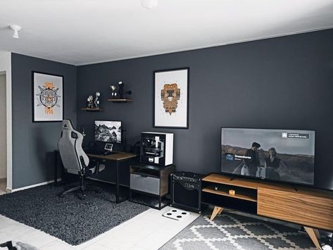 Men’s Office Game Room, Men’s Room Ideas Grey, Aesthetic Gaming Wallpaper, Astetic Men’s Room, Men’s Studio Apartment Design, Men’s Clean Room Aesthetic, Office Ideas For Men, Game Night Aesthetic, Gamer Room Design