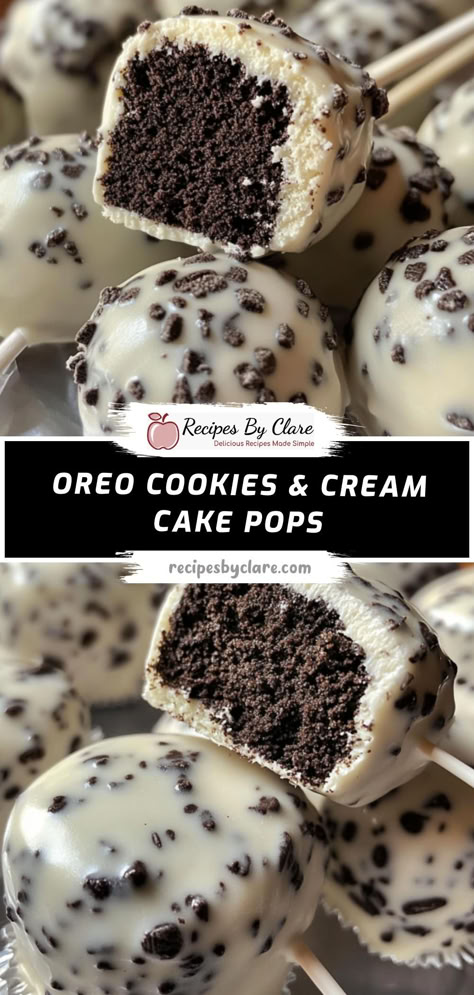 Indulge in these Oreo Cookies & Cream Cake Pops! With a rich chocolate cake base, creamy Oreo frosting, and a smooth white chocolate coating, these cake pops are a fun and delicious treat for any gathering.

Ingredients:

1 box (15.25 oz) chocolate cake mix
½ cup crushed Oreo cookies
1½ cups white chocolate or candy melts
Perfectly coated in white chocolate and garnished with extra Oreo crumbs for a delightful finish! Cookies And Cream Cake Balls, Easy Oreo Cake Pops, Cookies And Cream Cake Pops, Oreo Cake Pops Recipe, Easy Oreo Cake, Cookies Cream Cake, Oreo Cake Pops, Oreo Cookie Pops, Oreo Frosting