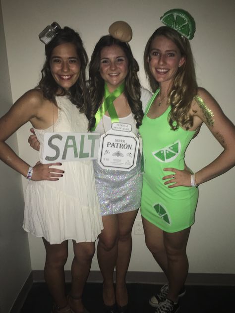 Salt, tequila & lime Halloween costume. Patron tequila Halloween costume. DIY. College Halloween. Tequila Lime Salt Halloween Costume, Salt Tequila Lime Costume, Salt Shaker Costume, Tequila Salt And Lime Costume, Patron Costume Tequila, Patron Halloween Costume, Tequila And Lime Costume Couple, Halloween Costume For Bartender, Bartending Halloween Costumes