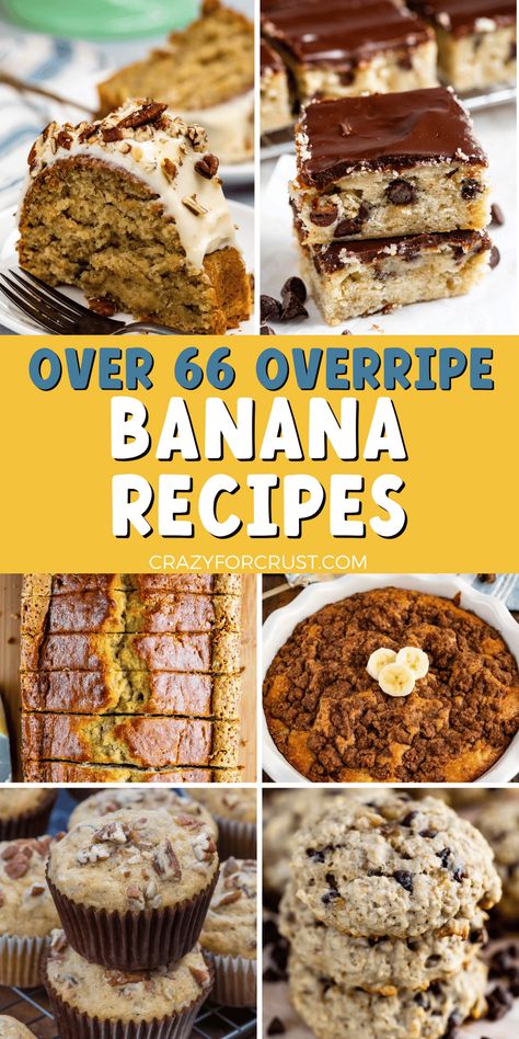 Over 66 Overripe Banana Recipes - tons of ideas for baking with banana that's not just banana bread! Banana cake, cookies, pie and unique banana recipes too! Recipes That Use Frozen Bananas, Foods With Bananas, Cake Recipes With Bananas, Banana Baked Goods Recipes, Easy Desserts With Bananas Simple, Foods To Make With Bananas, Using Bananas In Recipes, Recipe With Frozen Bananas, Spotty Banana Recipes