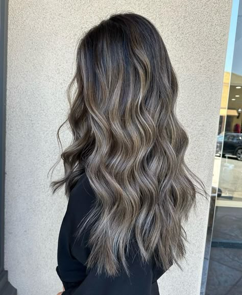 Dark Hair Icy Highlights, Simple Baylage, Low Maintenance Dark Balayage, Ashy Teasy Lights, Dark Hair With Lots Of Blonde Highlights, Icy Dark Brown Hair, Brown Hair With High And Lowlights, Mushroom Ash Brown Balayage On Dark Hair, Bronde Haircolor Cool Tone