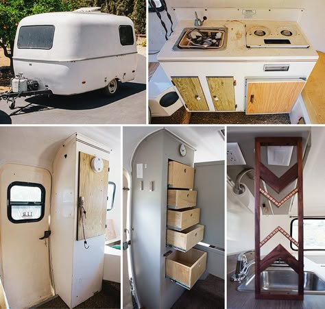 Casita Travel Trailers Remodel, Scamp Camper Interior, Scamp Trailer Interior, Scamp Camper Remodel, Small Travel Trailer Remodel Diy, Fiberglass Camper Remodel, Boler Trailer Remodel, Scamp Trailer Storage Ideas, Camp Trailer Remodel