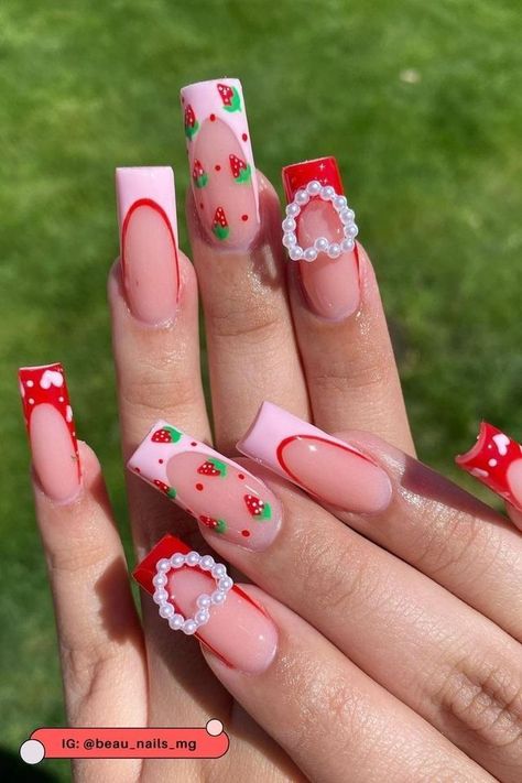 If you're craving something fun and fresh, strawberry nails are the way to go! Check out 16 inspirations right here. #strawberrynails #strawberrynaildesigns Pink Red Acrylic Nails, Strawberry Nails Designs, Picnic Nails, Strawberry Nails, Berry Nails, Strawberry Hearts, Red Acrylic Nails, Coffin Shape Nails, White Tip