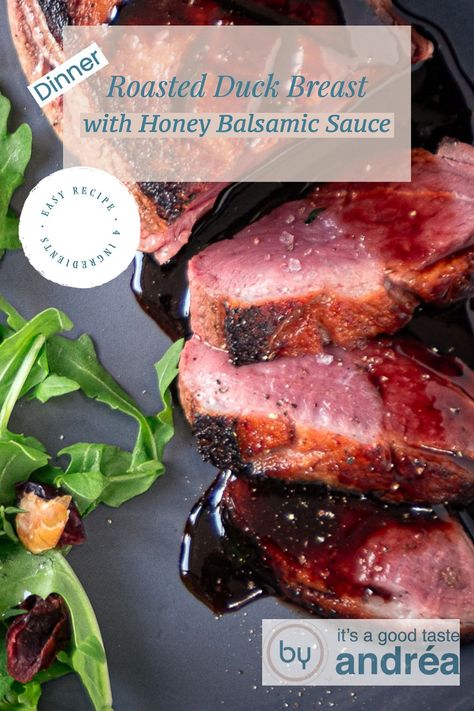 A super easy recipe for oven roast duck breast. First, the skin is baked crispy in the pan, and then the meat is gently cooked in the oven, so you'll get a tender duck breast. The duck breast fillet is served with a sweet and sour honey balsamic sauce. Easy to make, and with only 4 ingredients a simple recipe that is also very tasty! Duck Fillet Recipes, Wild Duck Breast Recipes Easy, Easy Duck Recipes Ovens, Roast Duck Breast, Sauce For Duck Recipes, Duck Breast Marinade, Pan Seared Duck Breast, Duck Recipes Oven, Crispy Duck Breast Recipes