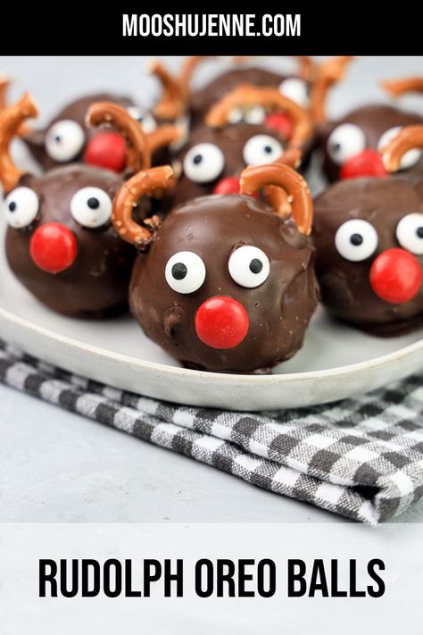 Rudolph Oreo Balls on a white plate with a gray plaid napkin Oreo Balls Recipe, Oreo Cookie Pops, Chocolate Melting Wafers, Oreo Balls, Tropical Food, Ghirardelli Chocolate, Festive Cookies, Oreo Recipes, Cookie Ball