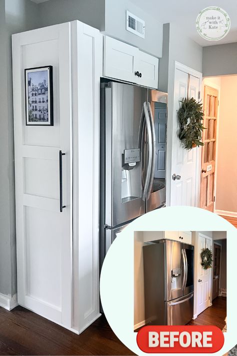 This refrigerator surround cabinet makes this kitchen fridge look built-in, plus it serves as a family command center. Storage Cabinet On Side Of Fridge, Pantry By Fridge, Refrigerator End Cabinet, Stand Alone Refrigerator Ideas, Enclosed Refrigerator Cabinet, How To Hide A Refrigerator, Built Ins Around Refrigerator, Hide Side Of Refrigerator, Refrigerator Side Cabinet