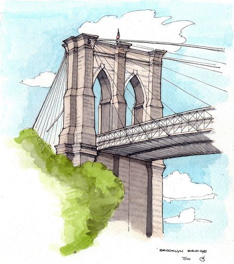 Brooklyn Bridge by James Anzalone, via Flickr Building Sketches, Bridge Drawing, Kids Painting Party, New York Painting, Art Learning, Bridge Painting, Technical Pen, Fantasy World Map, Building Sketch