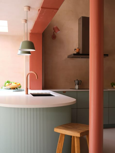 The Peninsular worktop in this Stoke Newington kitchen offers the homeowner the best of both worlds; a practical physical divide between spaces, but the open vista keeps it social and connected. American Red Elm on the taller corner cabinets is mirrored in the low bench seating to unite the space seamlessly creating a zone for reading, playing or socialising. Exposed Metal Beams, Tall Corner Cabinet, Kitchen Colour Combination, Christmas Colour Schemes, Kitchen Colours, Metal Beam, Kitchen System, Tower Hamlets, Ikea Cabinets