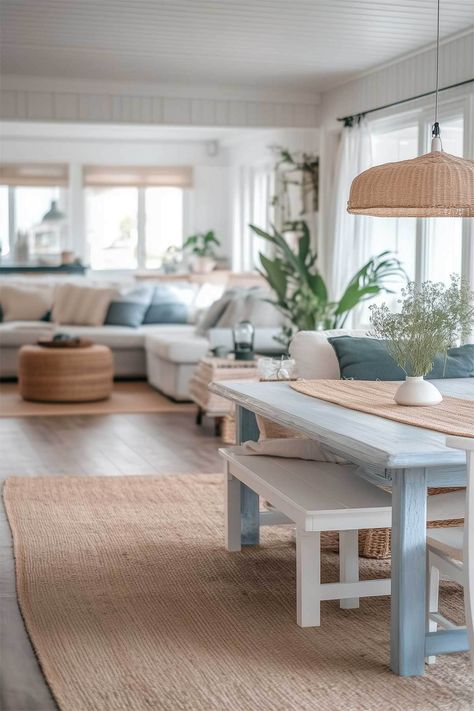 Beach House Dining Table, Modern Coastal Dining, Modern Coastal Dining Room, Coastal Farmhouse Dining Room, Coastal Dining Room Ideas, Coastal Modern Decor, Coastal Dining Rooms, Boho Dining Table, Coastal Chic Living Room