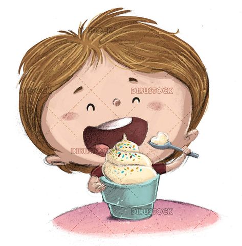 Eat Ice Cream Illustration, Eating Ice Cream Illustration, Ice Cream Eating, Ice Cream Tub, Cream Illustration, Ice Cream Illustration, Book Illustration Design, Ice Cream Tubs, Happy Childhood