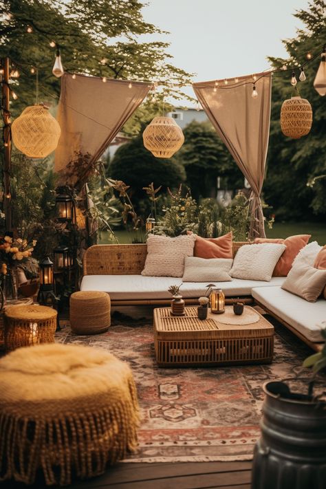 Boho Garden Ideas, Boho Outdoor Space, Planning Garden, Boho Garden Party, Porch Light Fixtures, Boho Patio, Bohemian Garden, Outdoor Fairy Lights, Gardening Design