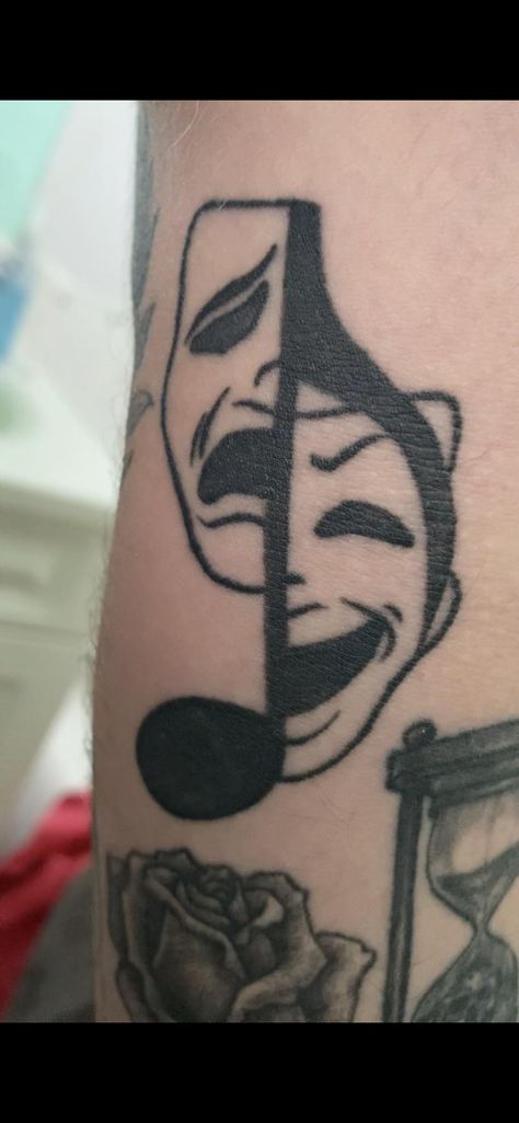 Theatre Symbol Tattoo, Comedy And Tragedy Tattoo, Theatre Masks Tattoo, Theater Tattoo, Masks Tattoo, Theatre Symbol, Theater Mask Tattoo, Theatre Tattoo, Dance Tattoo