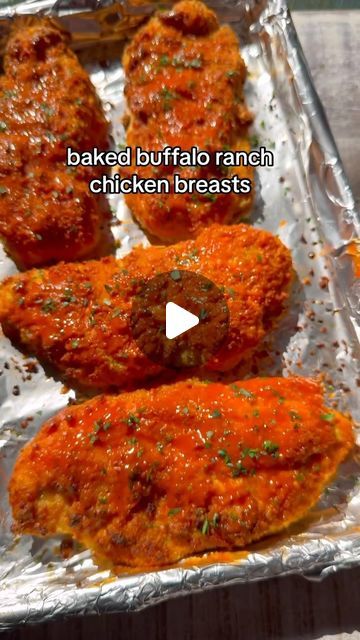 Shay Spence on Instagram: "baked buffalo ranch chicken. full recipe below 🫶 BAKED BUFFALO RANCH CHICKEN BREASTS 4 oz. Parmesan cheese (about 1/3 cup grated) 5 oz. bag croutons 1 Tbsp. ranch seasoning 2 eggs 1 cup Buffalo hot sauce, divided 4 chicken breast cutlets Cooking spray Chopped fresh parsley, for garnish (optional) Preheat oven to 425F. In a food processor, pulse together parmesan, croutons and ranch seasoning; transfer to bowl. In a large bowl, whisk together eggs with 1/4 cup of the hot sauce. Add chicken to the bowl and drip off any excess egg before coating each in the breadcrumb mixture. For a sturdier breading, repeat again for a double coating. Line a sheet tray with aluminum foil and spray with cooking spray. Place chicken on the tray and spray to top with cooking spra Buffalo Chicken Parmesan, Cornflake Chicken Breast, Chicken Breast Recipes Videos, Baked Buffalo Chicken Breast, Shay Spence, Buffalo Chicken Bake, Chicken Breast Cutlets, Buffalo Hot Sauce, Buffalo Chicken Breast