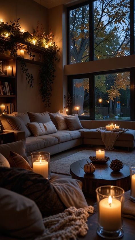 Candlelit Living Room, Ambiance Lighting Living Room, Warm Lighting Living Room, Fall Living Room Decor Warm Colors, Ambient Lighting Living Room, Autumn Ambiance, Cozy Living Room Decor, Living Room Candles, Cottage Core House