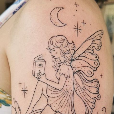 amanda appiarius on Instagram: "Fairy reading a book with strawberries 🍓 
Feeling excited about my return to the studio and hope to be a bit more active on here again! Any engagement is appreciated so we can help remind instagram I’m still here after my maternity break 😂" Fairy Reading A Book Tattoo, Fairy Reading A Book, Feeling Excited, Book Tattoo, I'm Still Here, Reading A Book, Patch Work, The Studio, Strawberries