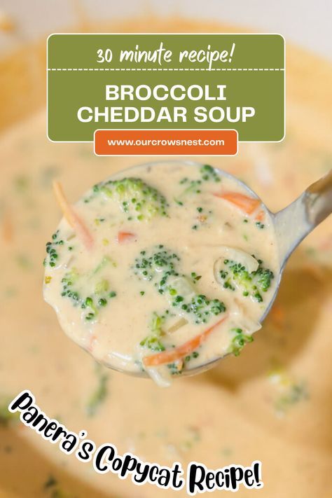 This Panera’s Copycat Broccoli Cheddar soup is the ultimate comfort food.  Loaded with cheesy goodness and tender broccoli florets swimming in a creamy broth is perfect for a cold day (or any day!). 
#broccolicheddarsoup #souprecipe #soup Copycat Broccoli Cheddar Soup Panera, Broccoli Cheddar Soup Frozen Broccoli, Cream Of Broccoli Soup Recipe Panera, Best Broccoli Cheddar Soup Recipe, Brocolli Cheddar Soup Recipes, Crock Pot Broccoli Cheddar Soup, Cheddar And Broccoli Soup, Panera Broccoli And Cheese Soup, Panera Bread Broccoli Cheese Soup