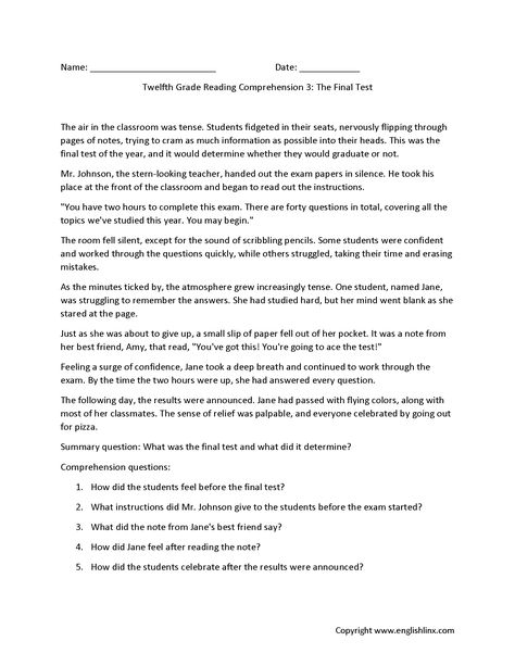 Reading Comprehension Worksheets | Twelfth Grade Reading Comprehension Worksheets 8th Grade Reading, Final Test, Reading Comprehension Passages, Comprehension Passage, Comprehension Worksheets, Exam Papers, Reading Comprehension Worksheets, 8th Grade, A Student