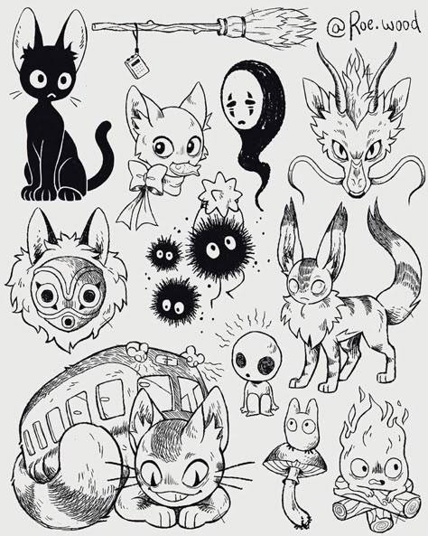 Things To Draw On Flash Cards, Kawaii Tattoo Ideas Black And White, Anime Flash Tattoo Ideas, Studio Ghibli Tattoo Design, Anime Flash Art, Studio Ghibli Art Draw, Studio Ghibli Drawing Sketches, Minimalist Anime Tattoos, Cute Witchy Tattoos