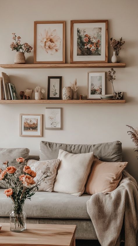 Cozy living room with gray sofa, pastel pillows, wooden shelves, framed art, and warm lighting, showcasing a boho aesthetic. Simple Over The Couch Wall Decor, Farmhouse Living Room Above Couch, Shelf Living Room Above Couch, Apartment Decorating Wood Theme, Above Couch Living Room Decor, Picture Shelf Above Sofa Living Rooms, Shelves Behind Couch Ideas, Relaxed Living Room Ideas, Wooden Shelf Decor Living Room