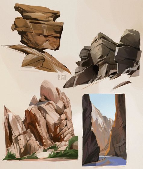 loish on Instagram: “Rocks have always been a challenge for me, since I usually draw soft and round shapes! So I did some rock studies to try and capture the…” Rocks And Mountains, Digital Painting Techniques, Background Drawing, Digital Painting Tutorials, 3d Texture, Visual Development, Environment Concept Art, Digital Art Tutorial, Environmental Art