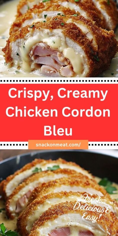 Indulge in this homemade Chicken Cordon Bleu, featuring tender chicken breasts stuffed with layers of Swiss cheese and ham, then breaded and fried to golden perfection! Paired with a creamy Dijon sauce, this dish is sure to impress at any meal. Perfect for family dinners or special occasions, and leftovers are just as delicious! Creamy Chicken Cordon Bleu, Creamy Dijon Sauce, Creamy Dijon, Cordon Bleu Recipe, Dijon Sauce, Chicken Cordon Bleu Recipe, Fried Chicken Breast, Chicken Cordon, Chicken Cordon Bleu