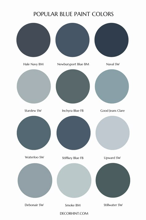 The Best Blue Paint Colors for Your Home - Decor Hint Paint Shades Of Blue, Dark Blue Paint Palette, Deep Blue Interior Paint, Dark Academia Blue Paint, Warm Navy Blue Paint Colors, Navy Bedroom Paint, Dark Blue Trim Interior, Midnight Blue Paint Colors, Dusty Blue Wall Color