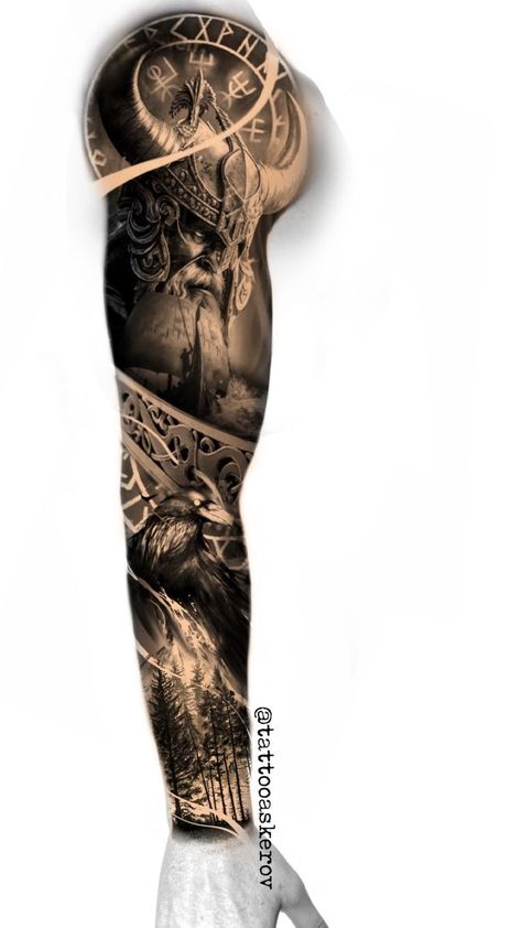 Thor Viking Tattoo, Vikings Tattoo Sleeve, Viking Realism Tattoo, Realistic Tattoo Sleeve Men, Viking Sleeve Tattoo For Men, Thor Tattoo Design, Full Arm Tattoo Design, Full Arm Tattoo Men, Nordic Tattoo Sleeve